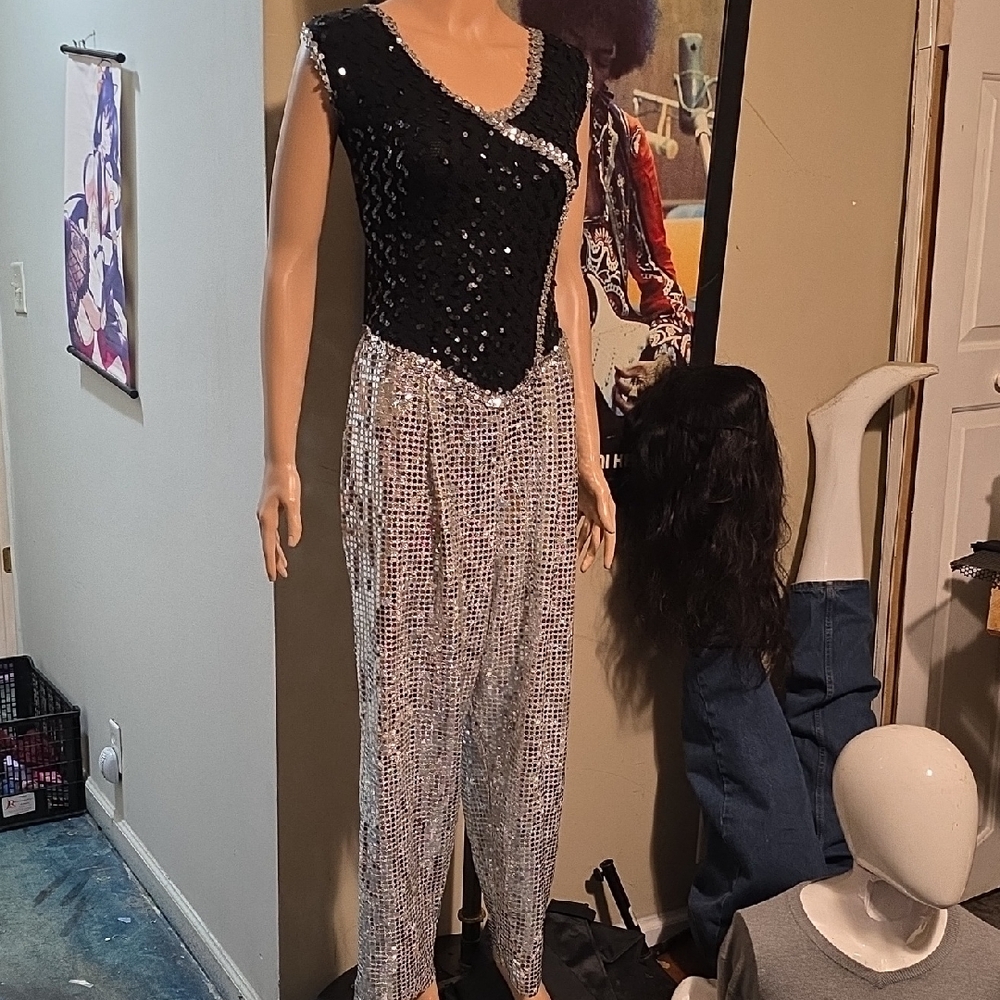 Art Studio 1970's Black and Silver Sequin Jumpsuit